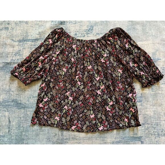 Loft Black Pink Red Orange Floral Print Garden Smocked Peasant Top Large - Picture 3 of 7